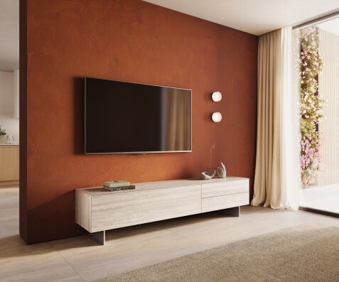 ТВ шкаф Cuor 220 см Керамика Laminam® Travertino Bianco Крем-бяло 1 врата 2 чекмеджета Основа неръждаема стомана