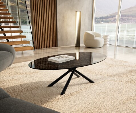 Масичка за кафе Edge Oval 140x80 cm керамика Laminam® Emperador Extra Lucidato тъмнокафяво Sarity Metal Black