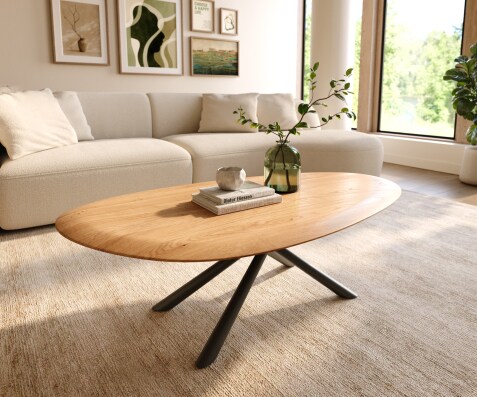 Масичка за кафе Edge Oval 140x75 cm естествен дъб кръгъл ръб Sarity метал черен